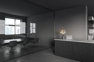 Gri ve cam duvarlı şık bir ofis, beton zemin, uzun masa ve sandalyeli toplantı odası ve dizüstü bilgisayarlı ahşap resepsiyon tezgahı. 3d oluşturma