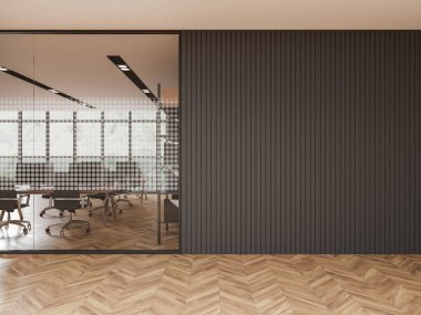Gri ve camdan duvarları olan şık ofis koridorunun içi, sıralı bilgisayar masaları ve sağdaki uzay duvarını kopyalayan açık ofis alanı. 3d oluşturma