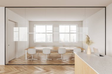 Beyaz iş bürosu. Resepsiyonda dizüstü bilgisayarı var. Cam bölmenin arkasında da sandalyeler ve tahta tahtalar var. Gökdelenlerin panoramik penceresi. 3B görüntüleme