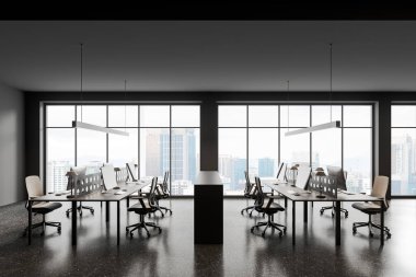 Modern coworking interior with chairs and pc computer on desk in row, grey concrete floor. Business office room and panoramic window on Kuala Lumpur skyscrapers. 3D rendering clipart