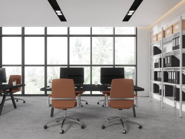 Koltuklar ve bilgisayar monitörüyle birlikte şık bir iç mekan, masa üzerinde gri beton zemin. Minimalist ofis çalışma alanı ve tropik bölgelerde panoramik pencereli raf. 3B görüntüleme