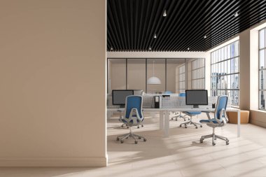 İç mimari, masa başında bilgisayar, parke zeminde sandalyeler. Mobilyaları ve gökdelenlerinin panoramik pencereleri olan rahat bir çalışma alanı. Boşluk bölünmesini kopyala. 3B görüntüleme