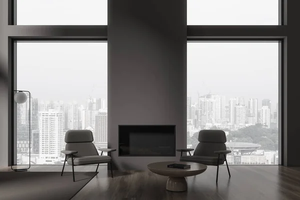 Interieur Eines Modernen Wohnzimmers Mit Grauen Wänden Dunklem Holzboden Zwei — Stockfoto