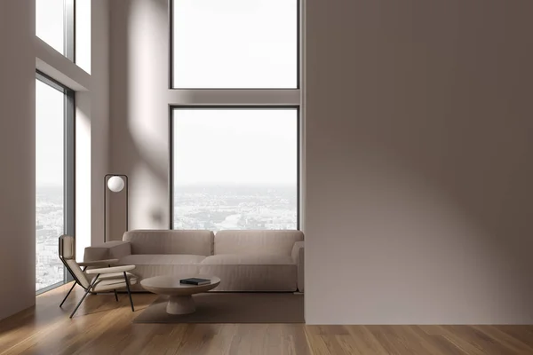 米色居家客厅内部 沙发和扶手椅铺在地毯上 咖啡桌装饰 全景城市景观窗口 模拟空墙分割 3D渲染 — 图库照片