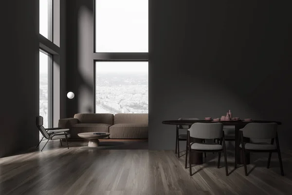 Tmavý Domácí Obývací Pokoj Interiér Měkkým Místem Jídelní Stůl Židlemi — Stock fotografie