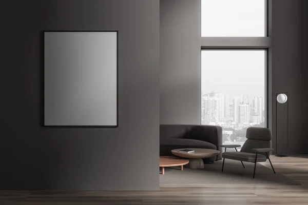Dark living room interior with sofa, armchair and coffee table, carpet on hardwood floor. Relax place and mock up canvas poster on partition. Panoramic window on skyscrapers. 3D rendering