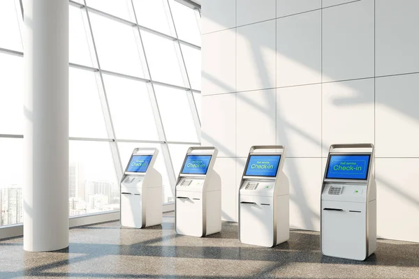 白い壁 大きなパノラマの窓と乗客の利便性のためのキオスクでセルフサービスのチェックの行を持つ近代的な空港のインテリア 観光と旅行の概念 3Dレンダリング — ストック写真