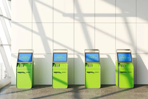 Сучасний Аеропорт Інтер Чотирьох Зелених Цифрових Електронних Реєстраційних Кіосків Ряд — стокове фото