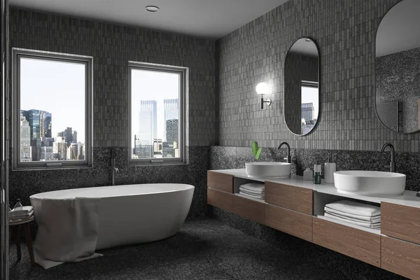 モダンな設備と素朴な魅力 素晴らしいニューヨーク市の景色を望むモダンな静かな家庭用バスルームのインテリア それは優雅さ 快適さ 自然をブレンドします 3Dレンダリング — ストック写真