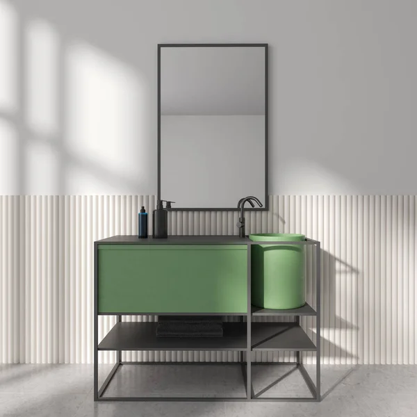 Minimalist White Bathroom Interior Green Sink Metallic Shelf Accessories Mirror — Stock Photo, Image