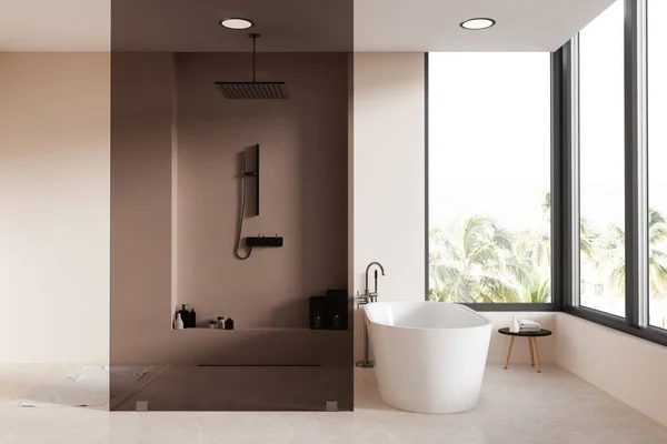 Interior Baño Moderno Con Paredes Beige Suelo Hormigón Cómoda Bañera — Foto de Stock