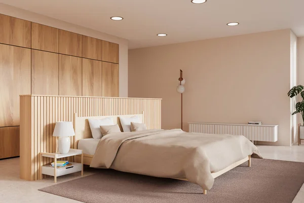 Esquina Dormitorio Moderno Con Paredes Color Beige Madera Suelo Hormigón — Foto de Stock
