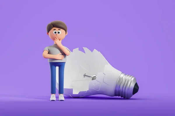 Vykreslování Cartoon Charakter Muž Zamyšleným Vzhledem Velké Rozbité Žárovky Neúspěšný — Stock fotografie