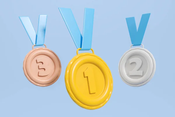 青い背景に金 青銅のメダルのセット 第1位 第2位 第3位 チャンピオンシップ報酬と勝利の概念 3Dレンダリング図 — ストック写真