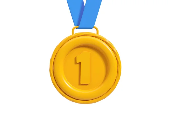 青いリボンの最初の場所で金メダル 空の白い背景に受賞者賞 チャンピオンの概念 3Dレンダリング図 — ストック写真