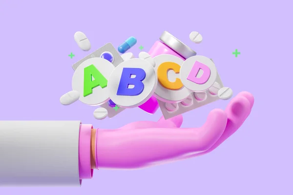 3Dレンダリング ビタミンを与える手袋の漫画のキャラクターの医師の手 錠剤が飛んで医療用ボトル ミネラル マルチビタミンサプリメントイラストの概念 — ストック写真