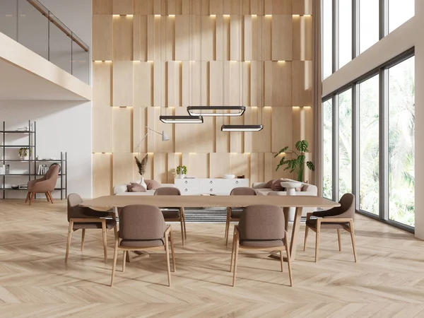 Woonkamer Houten Interieur Met Stoelen Eettafel Lounge Zone Met Bank — Stockfoto