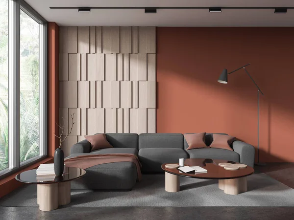 橙色客厅内部有沙发和咖啡桌与艺术装饰 地毯灰色混凝土地板 在有全景窗的公寓里放松一下 3D渲染 — 图库照片