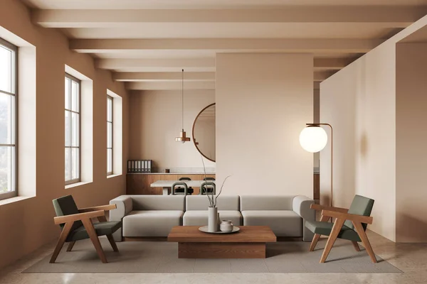현대식 내부에 베이지 소파와 그리고 의자와 렌더링 — 스톡 사진