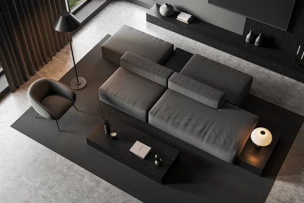 室内有沙发 扶手椅和有现代艺术装饰的咖啡桌 在灰色混凝土地板上放松角落和地毯 3D渲染 — 图库照片