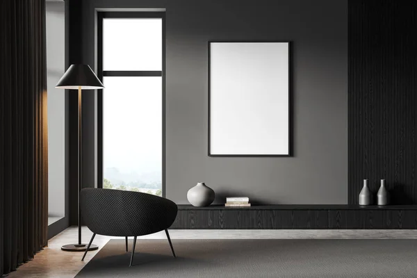 Interior Elegante Sala Estar Com Paredes Madeira Cinza Escura Piso — Fotografia de Stock