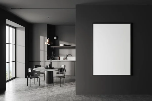 Interior Cozinha Elegante Com Paredes Cinza Piso Concreto Armários Cinza — Fotografia de Stock