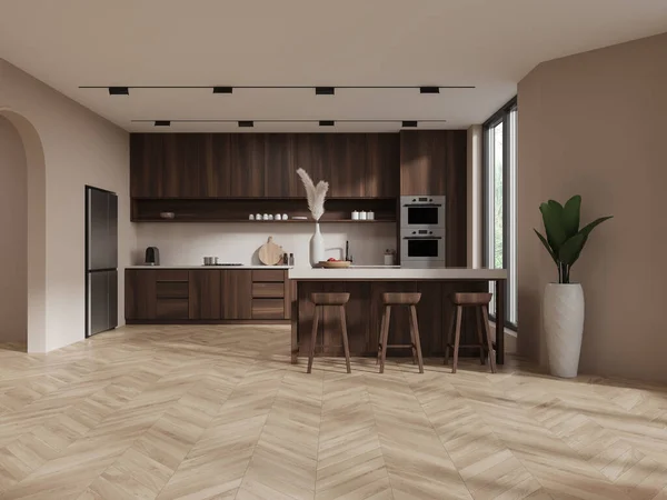 Stylish home kitchen interior with bar island and stool on hardwood floor. Cooking area with wooden cabinet and fridge with oven mounted. Panoramic window on tropics. 3D rendering