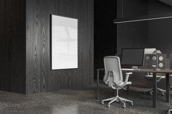 Interior Escritório Elegante Com Paredes Madeira Cinza Escura Piso Concreto — Fotografia de Stock