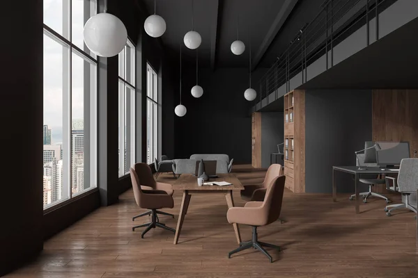 Grey wooden business interior with armchairs and pc computer in row, meeting table and chill space with sofa. Office coworking zone with panoramic window on Kuala Lumpur. 3D rendering