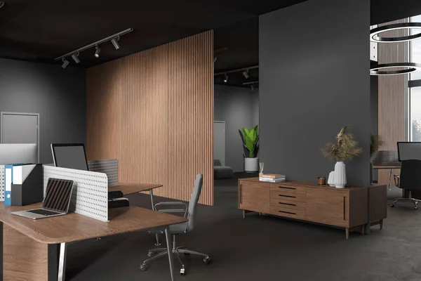 黑暗的办公室内部与扶手椅 Pc计算机在共享的桌子上 侧视图 时尚的工作空间与餐具柜和艺术装饰与模拟复制空间墙壁 3D渲染 — 图库照片
