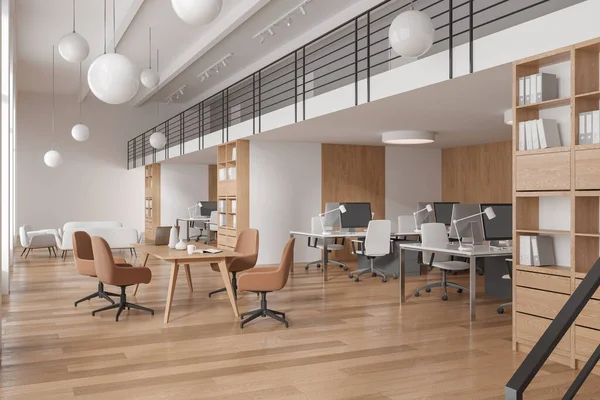 White office loft interior with chairs and pc monitors in row, meeting table and soft place, side view. Cozy coworking space with technology and furniture. 3D rendering