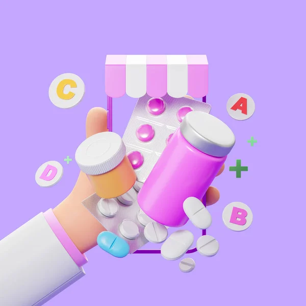 3Dレンダリング 漫画の医師の手は ビタミン オンライン薬局で薬や薬のセットを保持する 薬の注文 処方および配達の概念 3Dレンダリング図 — ストック写真