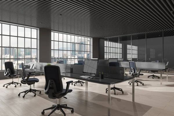 Modern office loft interior with armchairs and pc monitors on desk in row, side view conference room behind glass partition. Business workplace with panoramic window on Kuala Lumpur. 3D rendering