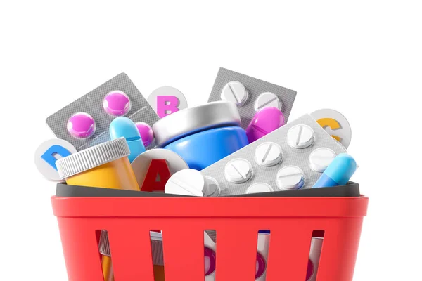 Closeup Red Shopping Basket Drugs Pills Vitamins Empty White Background — Stock Photo, Image