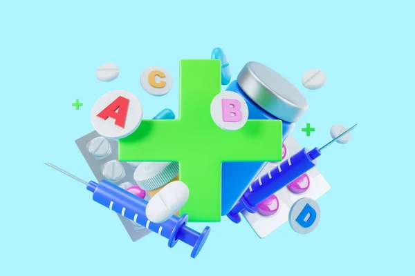 Аптека Медицинские Банки Летающими Таблетками Шприцем Зеленый Крест Синем Фоне — стоковое фото