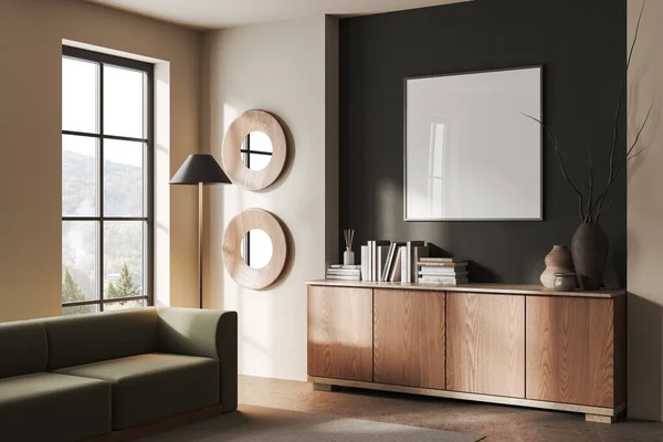 Beige Wohnzimmereinrichtung Mit Sofa Und Holzschublade Mit Kunstdekoration Seitliches Panoramafenster — Stockfoto