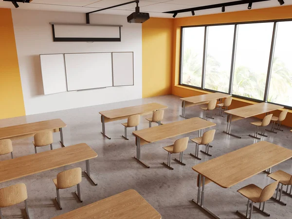 의자가 일렬로 노란색 흰색으로 교실의 윗부분을 스크린 프로젝터를 복사한다 지방의 — 스톡 사진