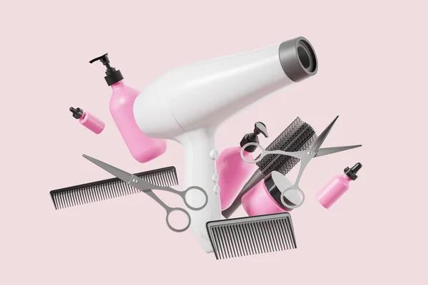 ホワイトヘアドライヤーとはさみ ブラシ ピンクの背景に化粧品と美容機器のセット 美容室とヘアスタイルのコンセプト 3Dレンダリング — ストック写真