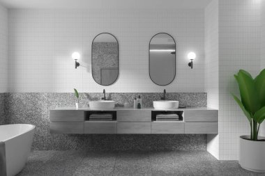 Modern konfor ve kırsal cazibeyle modern sakin ev banyosu. Zarafet, konfor ve doğayı harmanlıyor. 3d oluşturma.