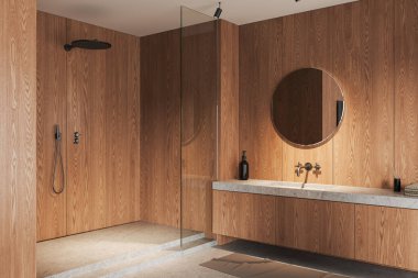 Otel banyosunun içini lavabo ve duşla kaplı cam bölme, yan görüş. Modern dairede minimalist mobilyalarla banyo köşesi. 3B görüntüleme