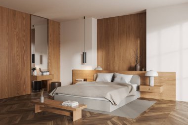 Yatak odası, iç yatak odası, süslemeli tezgah, tuvalet masası, pouf ve aksesuarlar. Modern tasarım ve ahşap döşemeli ev yapımı uyku köşesi. 3B görüntüleme