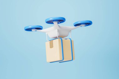 Mavi arkaplanda paketle uçan beyaz ve mavi kuadkopter teslimat uçağı görüntüsü. Aynı günlük mal teslimatı ve lojistik kavramı. 3d oluşturma