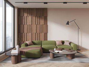 Bej oturma odasının içinde kanepe, kahve masası, dekorasyon, ahşap döşeme halısı. Panoramik pencereli ev dairesinin dinlenme alanı. 3B görüntüleme