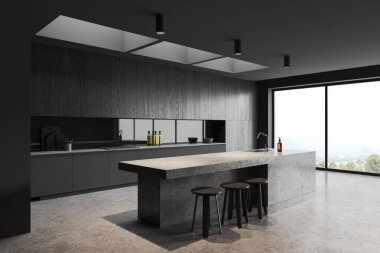 Karanlık ev mutfağı, beton bar adası, üç tabure ve panoramik pencere. Mutfak gereçleri ile rahat yemek ve yemek köşeleri. 3B görüntüleme
