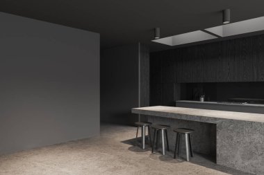 Gri duvarları, beton zemini, rahat siyah ahşap dolapları ve dolapları olan şık bir mutfağın köşesi, ahşap sandalyeleri ve solunda boş kopya uzay duvarları olan devasa taş adalar. 3d oluşturma