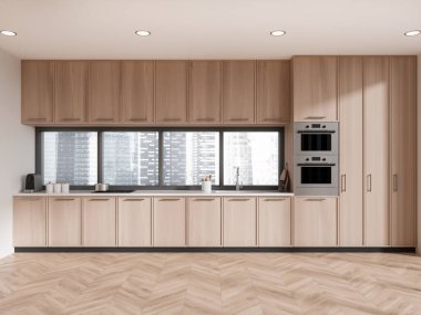 Konforlu ahşap mutfak iç kısımları lavabo, soba ve fırınla döşenmiş raflar. Singapur gökdelenlerinde panoramik pencereli minimalist mutfak eşyaları ve dolap. 3B görüntüleme