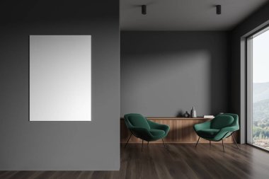 İki koltuk ve dekorasyonlu, ahşap döşemeli modern ev oturma odası. Karanlık, rahat, panoramik pencereli bir yer. Bölümdeki tuval posterini taklit et. 3B görüntüleme