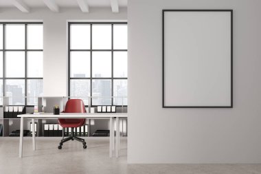 Beyaz duvarları, beton zemini, kırmızı sandalyeli rahat beyaz masası, klasörlü rafları ve sağında dikey poster çerçevesi olan modern CEO ofisinin içi. 3d oluşturma