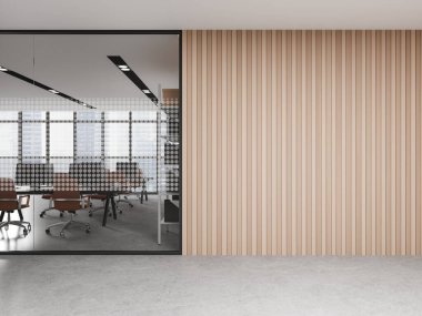 Ahşap ve cam duvarları olan modern ofis koridorunun içi, sıralı bilgisayar masaları ve sağdaki uzay duvarını kopyalayan açık ofis alanı. 3d oluşturma
