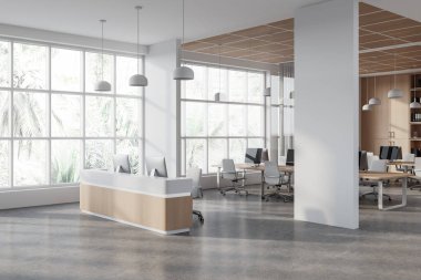 Minimalist ofis içi resepsiyonlu, yan manzaralı. Cam çalışma alanı, masada bilgisayar ve sıra sıra dizilmiş koltuklar. Tropik bölgelerde panoramik pencere. 3B görüntüleme